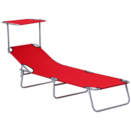 Folding Sun Lounger with Adjustable Shade and Reclining Backrest for Beach & Patio - Red