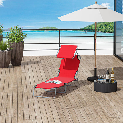 Folding Sun Lounger with Adjustable Shade and Reclining Backrest for Beach & Patio - Red