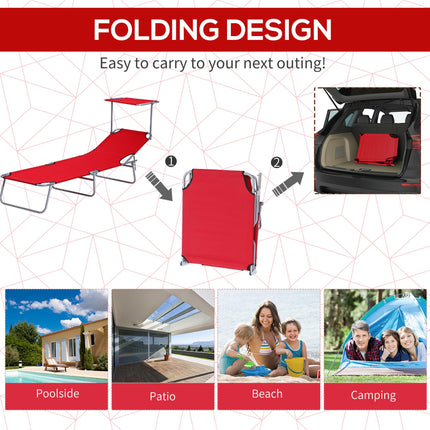 Folding Sun Lounger with Adjustable Shade and Reclining Backrest for Beach & Patio - Red