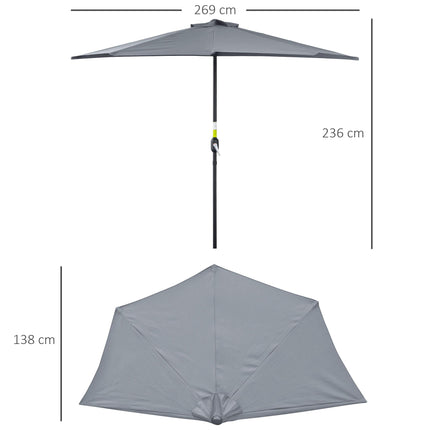 2.7m Garden Half Parasol with 5 Steel Ribs Outdoor Balcony Patio Sun Shade - Grey