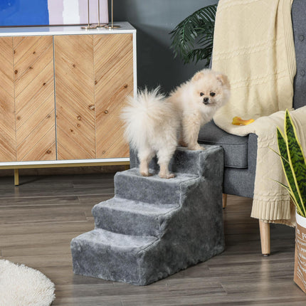 4-Step Dog Stairs with Washable Plush Cover for Small Dogs and Cats - Light Grey