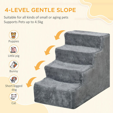 4-Step Dog Stairs with Washable Plush Cover for Small Dogs and Cats - Light Grey