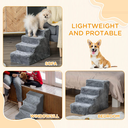 4-Step Dog Stairs with Washable Plush Cover for Small Dogs and Cats - Light Grey