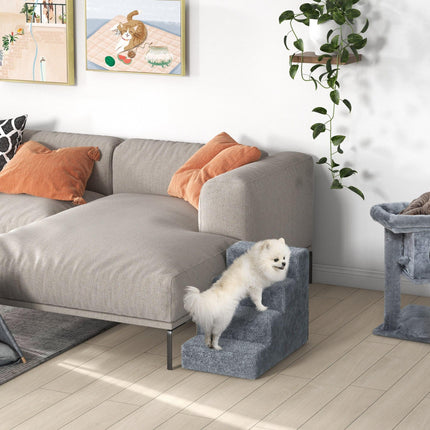 4-Step Dog Stairs with Washable Plush Cover for Small Dogs and Cats - Light Grey