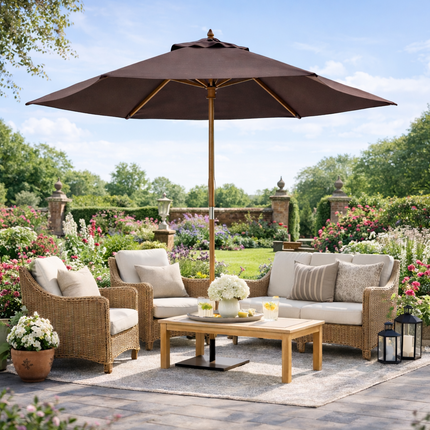 2.5m Wooden Garden Parasol with Ventilated Polyester Canopy - Coffee