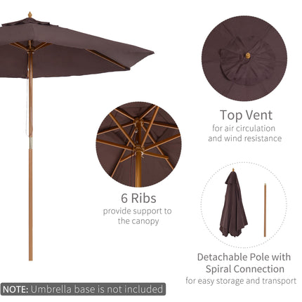 2.5m Wooden Garden Parasol with Ventilated Polyester Canopy - Coffee