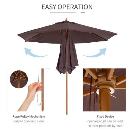 2.5m Wooden Garden Parasol with Ventilated Polyester Canopy - Coffee