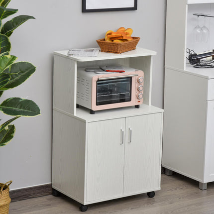 Microwave Cart Utility Trolley with 2-Door Cabinet on Wheels 97x60.4x40.3cm - White