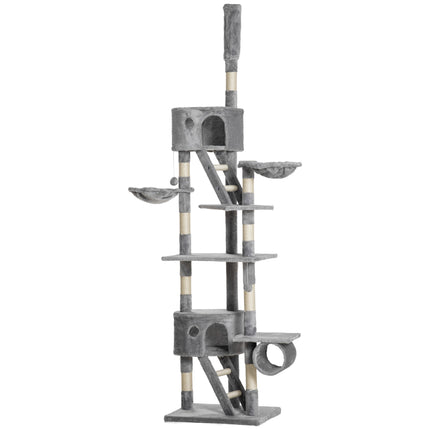 Adjustable Floor to Ceiling Cat Tree 240-260cm with Ramps and Hammocks - Light Grey