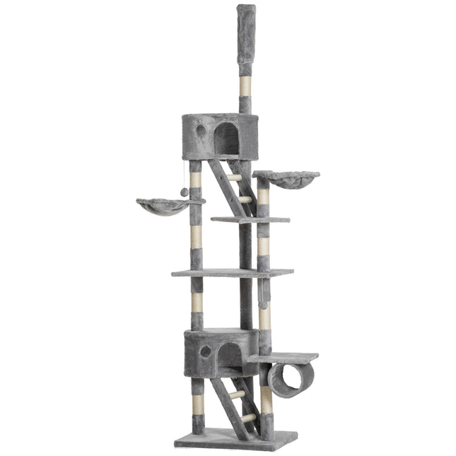 Adjustable Floor to Ceiling Cat Tree 240-260cm with Ramps and Hammocks - Light Grey