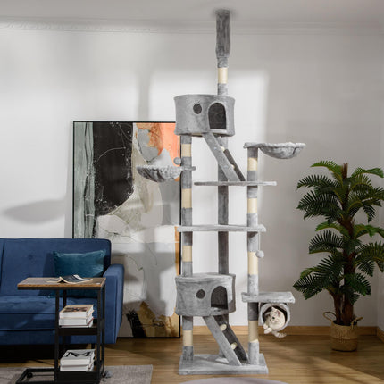 Adjustable Floor to Ceiling Cat Tree 240-260cm with Ramps and Hammocks - Light Grey