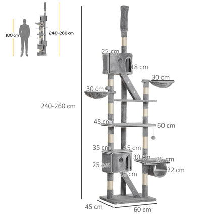 Adjustable Floor to Ceiling Cat Tree 240-260cm with Ramps and Hammocks - Light Grey
