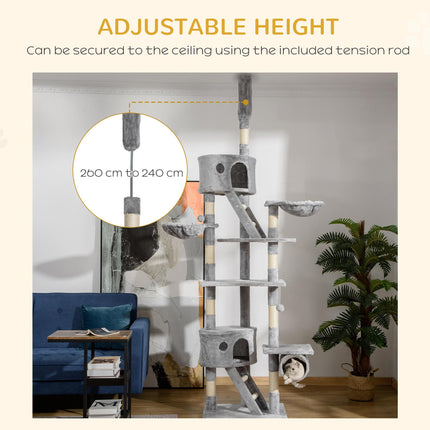 Adjustable Floor to Ceiling Cat Tree 240-260cm with Ramps and Hammocks - Light Grey