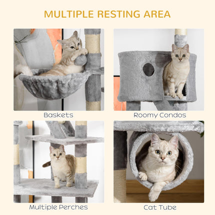 Adjustable Floor to Ceiling Cat Tree 240-260cm with Ramps and Hammocks - Light Grey