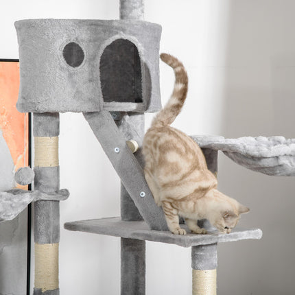 Adjustable Floor to Ceiling Cat Tree 240-260cm with Ramps and Hammocks - Light Grey