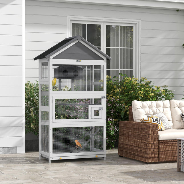 Wooden Bird Cage with Stand for Finches and Small Birds - Grey