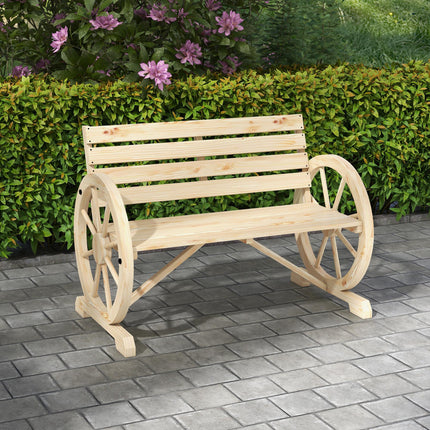 Wagon Wheel Rustic Fir Wood Outdoor Garden Loveseat Bench with Armrests - Natural