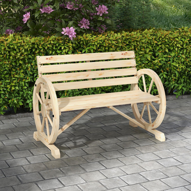 Wagon Wheel Rustic Fir Wood Outdoor Garden Loveseat Bench with Armrests - Natural