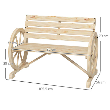 Wagon Wheel Rustic Fir Wood Outdoor Garden Loveseat Bench with Armrests - Natural
