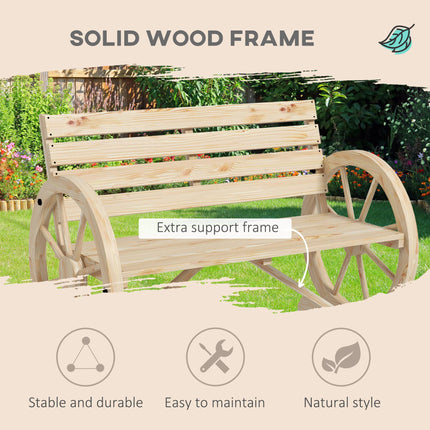 Wagon Wheel Rustic Fir Wood Outdoor Garden Loveseat Bench with Armrests - Natural