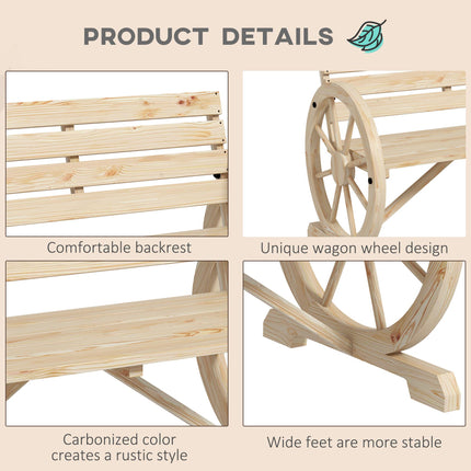 Wagon Wheel Rustic Fir Wood Outdoor Garden Loveseat Bench with Armrests - Natural