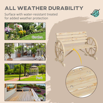 Wagon Wheel Rustic Fir Wood Outdoor Garden Loveseat Bench with Armrests - Natural