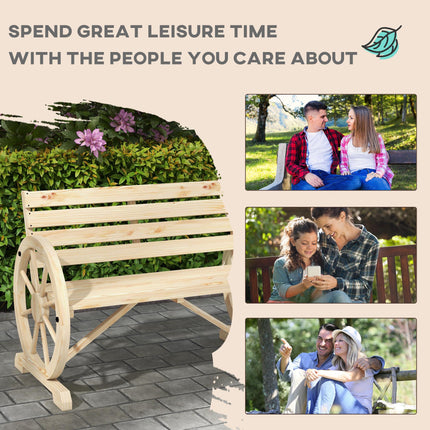 Wagon Wheel Rustic Fir Wood Outdoor Garden Loveseat Bench with Armrests - Natural