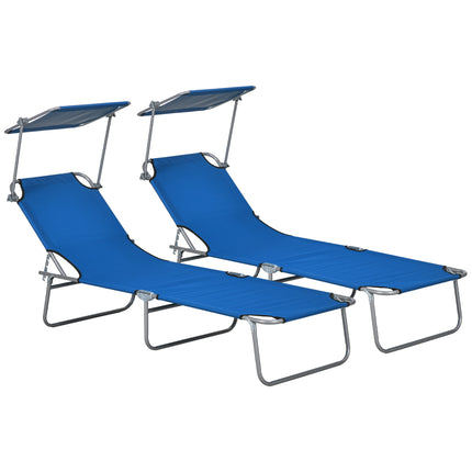 Outdoor Foldable Sun Lounger Set of 2 with 4-Level Adjustable Backrest & Sun Shade Awning - Blue