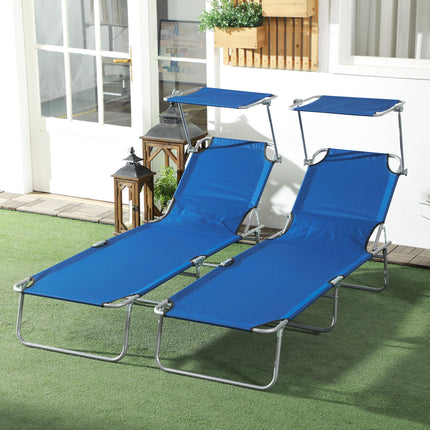 Outdoor Foldable Sun Lounger Set of 2 with 4-Level Adjustable Backrest & Sun Shade Awning - Blue