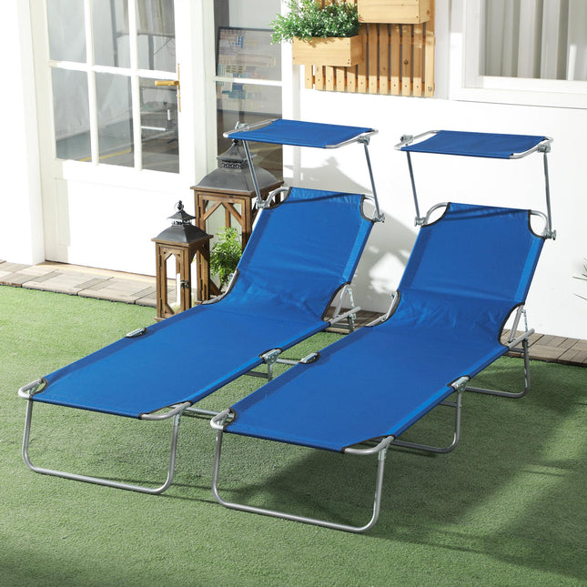 Outdoor Foldable Sun Lounger Set of 2 with 4-Level Adjustable Backrest & Sun Shade Awning - Blue
