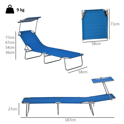 Outdoor Foldable Sun Lounger Set of 2 with 4-Level Adjustable Backrest & Sun Shade Awning - Blue