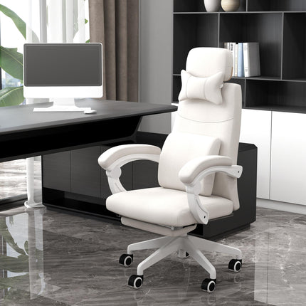 High Back Reclining Office Chair with Footrest, Lumbar Support, Adjustable Height & Swivel Wheels - White