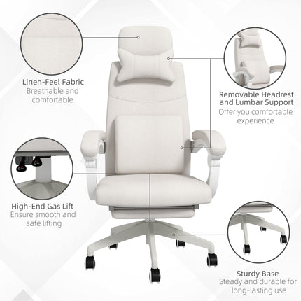 High Back Reclining Office Chair with Footrest, Lumbar Support, Adjustable Height & Swivel Wheels - White