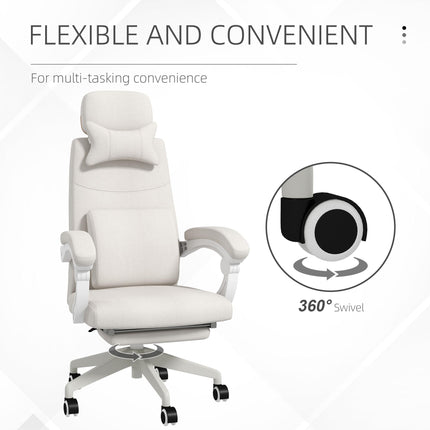 High Back Reclining Office Chair with Footrest, Lumbar Support, Adjustable Height & Swivel Wheels - White