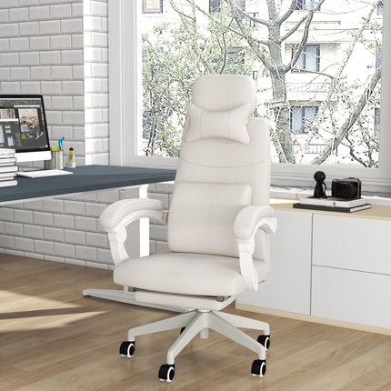 High Back Reclining Office Chair with Footrest, Lumbar Support, Adjustable Height & Swivel Wheels - White