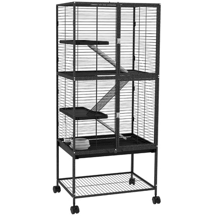 Rolling Chinchilla Cage for Small Animals with Three Doors, Tray, Bowl & Water Bottle - Grey