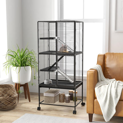 Rolling Chinchilla Cage for Small Animals with Three Doors, Tray, Bowl & Water Bottle - Grey