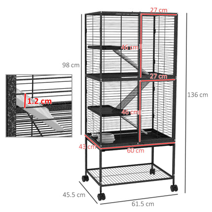 Rolling Chinchilla Cage for Small Animals with Three Doors, Tray, Bowl & Water Bottle - Grey