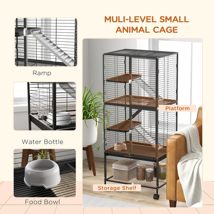 Rolling Chinchilla Cage for Small Animals with Three Doors, Tray, Bowl & Water Bottle - Grey