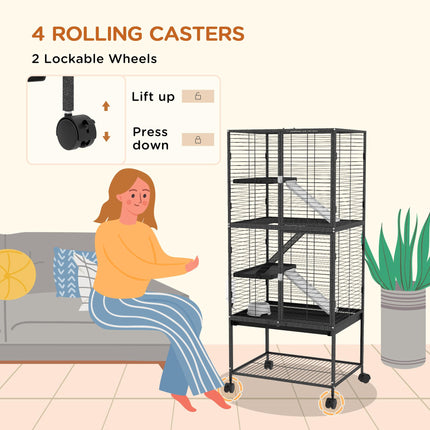 Rolling Chinchilla Cage for Small Animals with Three Doors, Tray, Bowl & Water Bottle - Grey