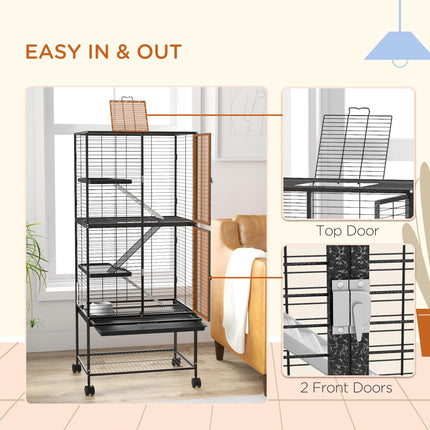 Rolling Chinchilla Cage for Small Animals with Three Doors, Tray, Bowl & Water Bottle - Grey