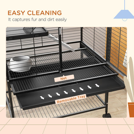 Rolling Chinchilla Cage for Small Animals with Three Doors, Tray, Bowl & Water Bottle - Grey