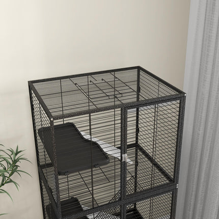 Rolling Chinchilla Cage for Small Animals with Three Doors, Tray, Bowl & Water Bottle - Grey