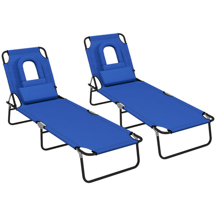 Outdoor Foldable Sun Lounger Set of 2 with 4-Level Adjustable Backrest, Pillow & Reading Hole - Blue