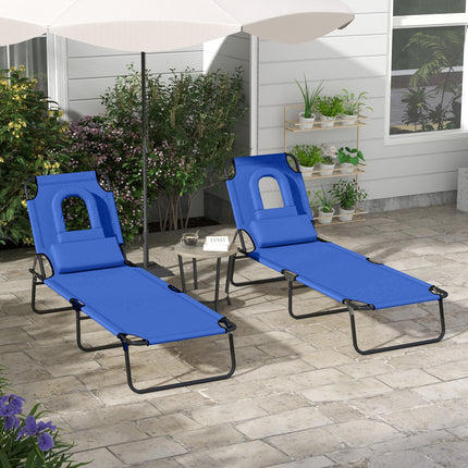 Outdoor Foldable Sun Lounger Set of 2 with 4-Level Adjustable Backrest, Pillow & Reading Hole - Blue