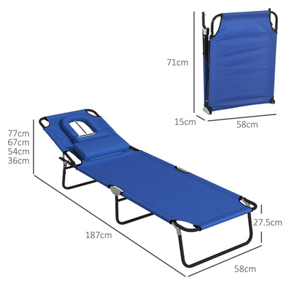 Outdoor Foldable Sun Lounger Set of 2 with 4-Level Adjustable Backrest, Pillow & Reading Hole - Blue