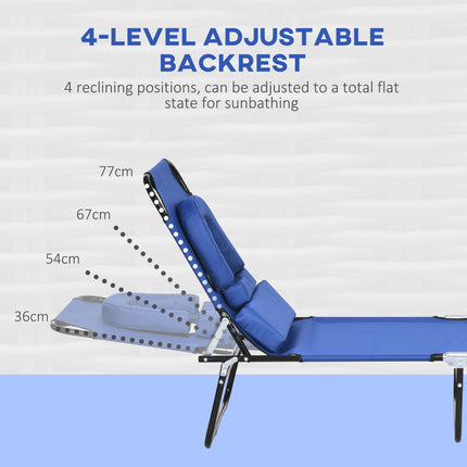 Outdoor Foldable Sun Lounger Set of 2 with 4-Level Adjustable Backrest, Pillow & Reading Hole - Blue