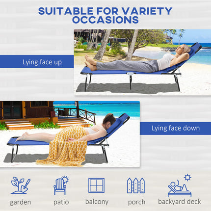 Outdoor Foldable Sun Lounger Set of 2 with 4-Level Adjustable Backrest, Pillow & Reading Hole - Blue