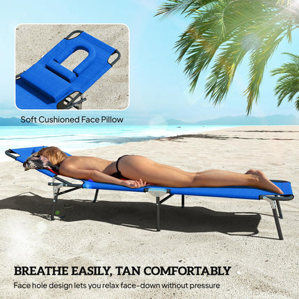 Outdoor Foldable Sun Lounger Set of 2 with 4-Level Adjustable Backrest, Pillow & Reading Hole - Blue