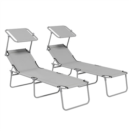 Outdoor Foldable Sun Lounger Set of 2 with 4-Level Adjustable Backrest & Sun Shade Awning - Light Grey